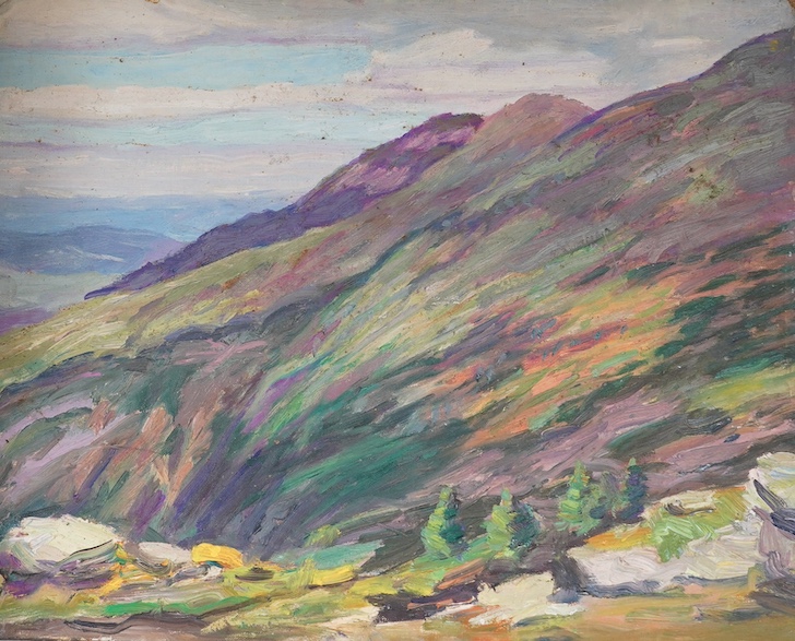 Maud T Atwater, oil on canvas board, ‘View from Lakes of Clouds Hut, Washington’, unsigned, inscribed verso, 40 x 50cm, unframed. Condition - poor to fair